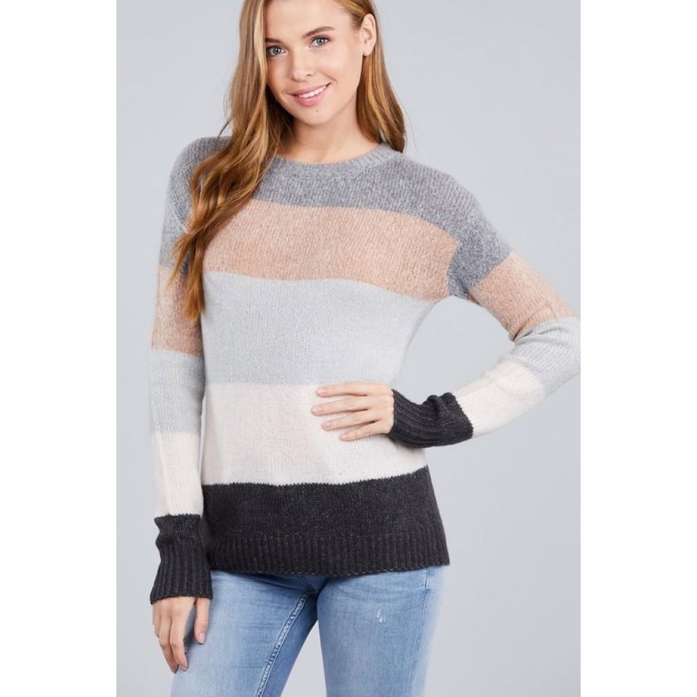 New! Gray Multi Round Neck Block Sweater